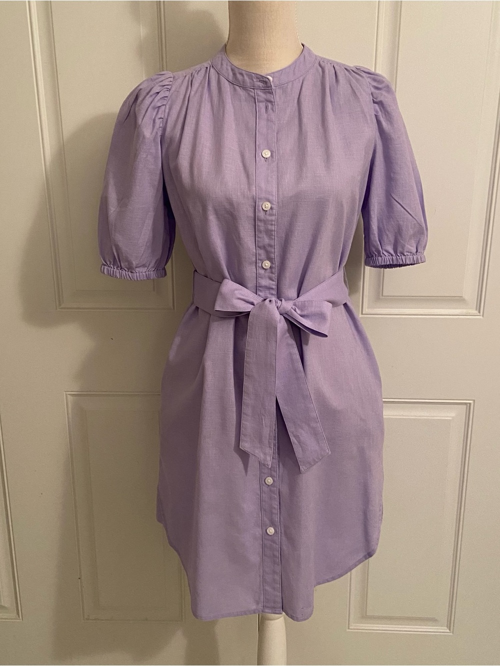 ✨GAP NWT Puff Sleeve Lilac Tie-Waist Button-Front Linen Blend Shirt Dress